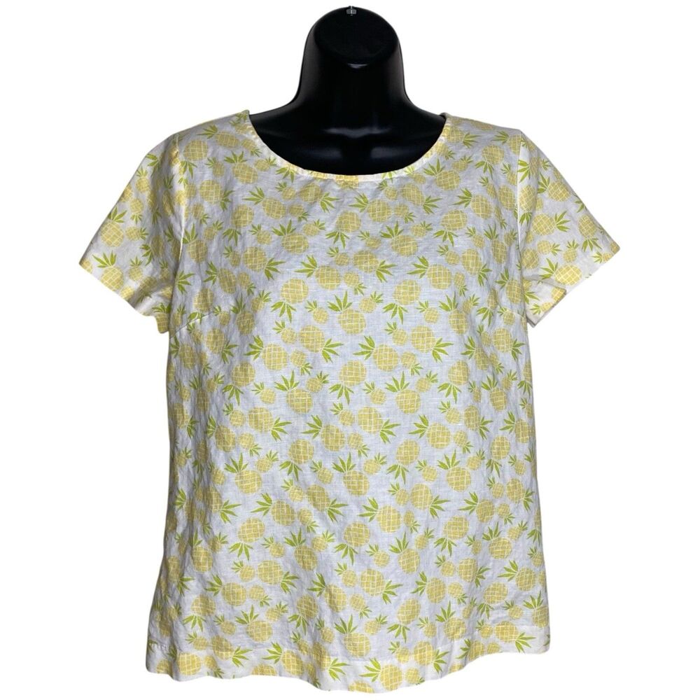 J Crew Top Womens Small Yellow Linen Cotton Pineapple Shirt Tropical Beach Vacay
